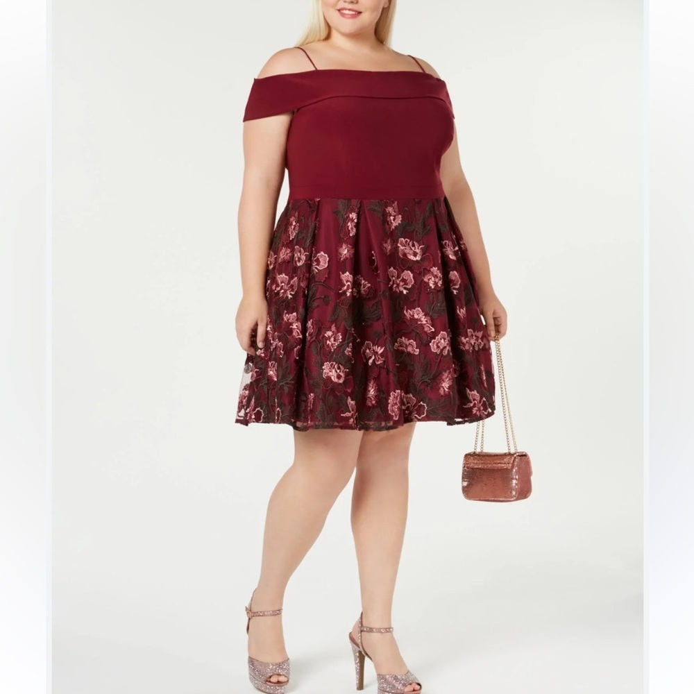 Morgan & Co. Juniors' Embroidered Cold-Shoulder Fit & Flare Dress Pockets Sz 20W